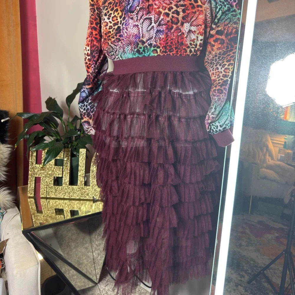 Colorful Animal Print Bomber Jacket with Burgundy Skirt One Piece - Picture 3 of 4